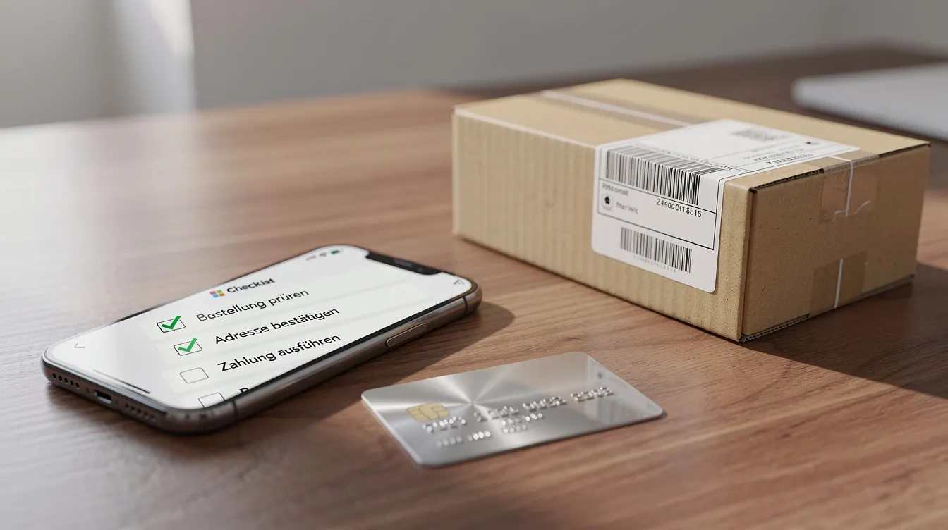 Ein Smartphone liegt auf einem Schreibtisch, neben einer Checkliste, einem Paket und einer Kreditkarte. Diese Szene vermittelt den Eindruck eines organisierten Online-Shoppings, bei dem der Nutzer seine Bestellung und den Versand im Blick hat.