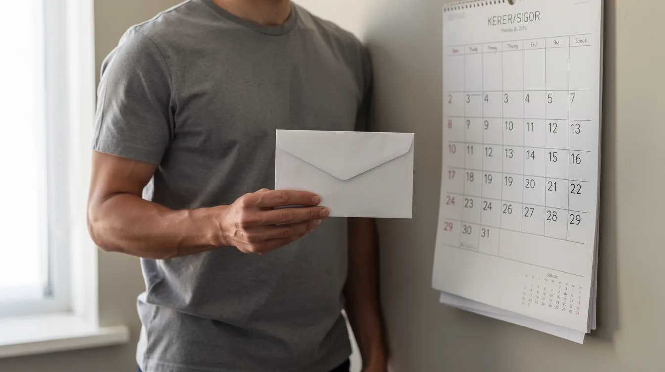 A person is holding a sealed envelope, likely containing important documents related to their social security disability claim, next to a wall calendar that may indicate a deadline for submitting their appeal. This scene reflects the appeals process and the need for timely action in response to a denial of social security disability benefits.
