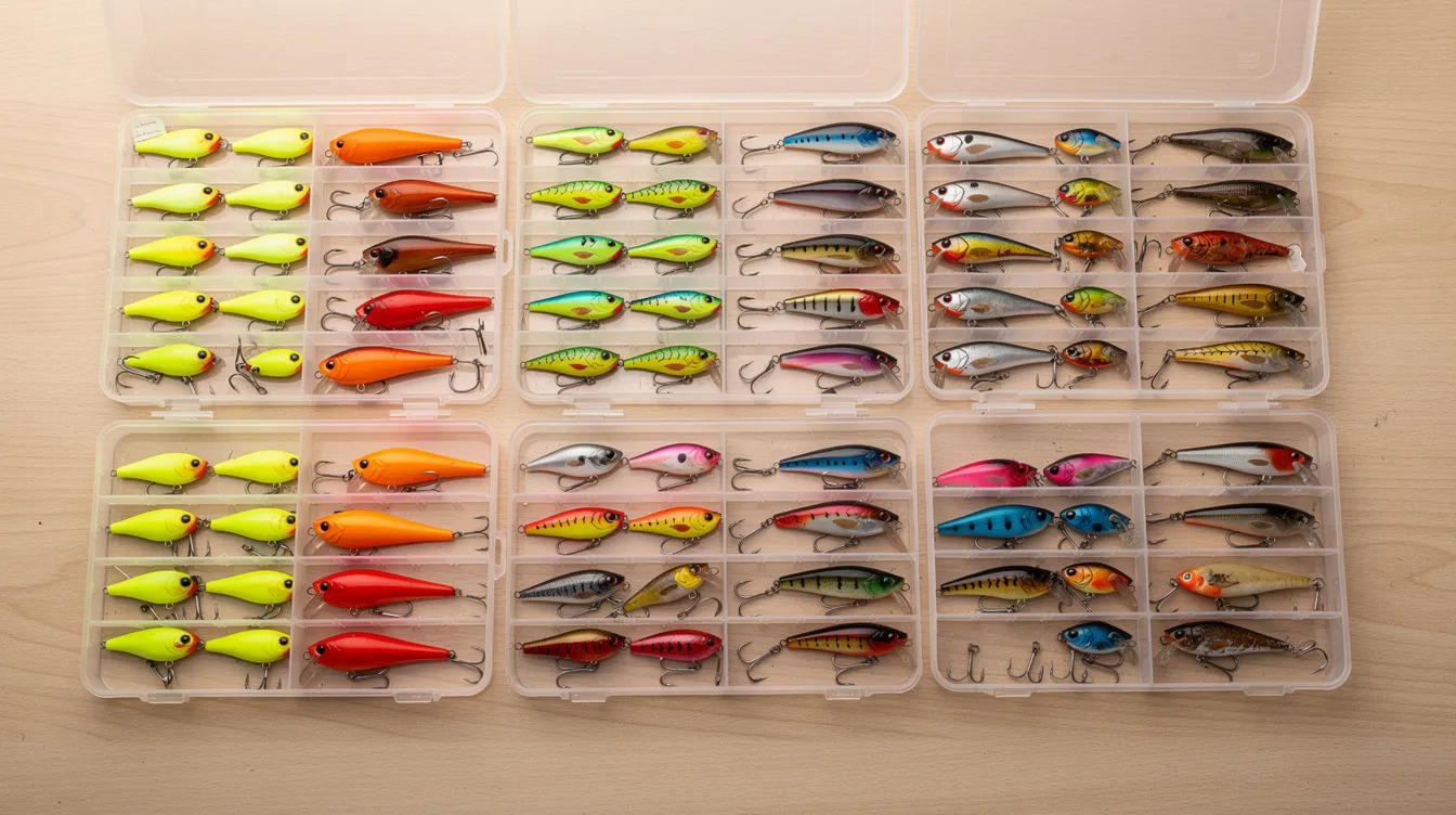 The image features neatly organized plastic tackle trays filled with jigs and crankbaits, arranged by color for easy access. This setup highlights effective fishing tackle storage, ideal for anglers looking to keep their fishing gear organized.
