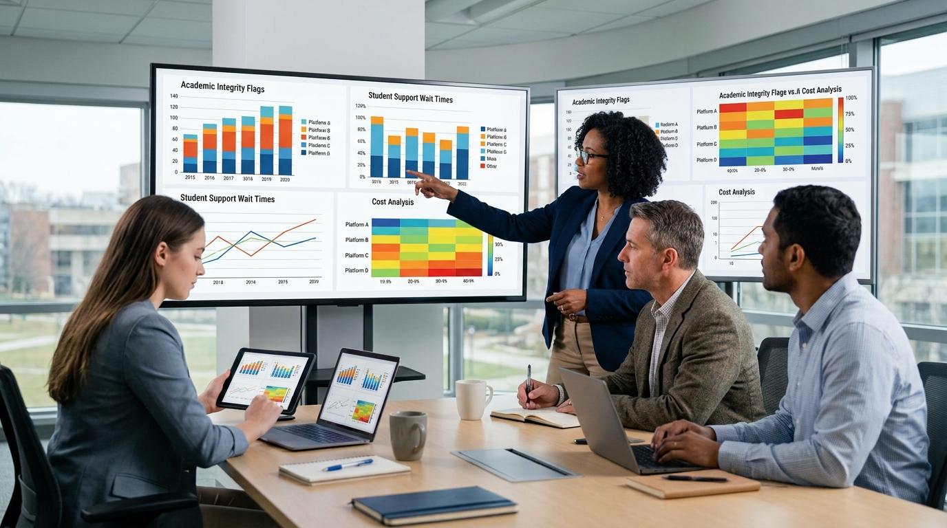 Education administrators evaluating multiple online proctoring platforms using analytics dashboards, comparison charts, and secure assessment metrics.