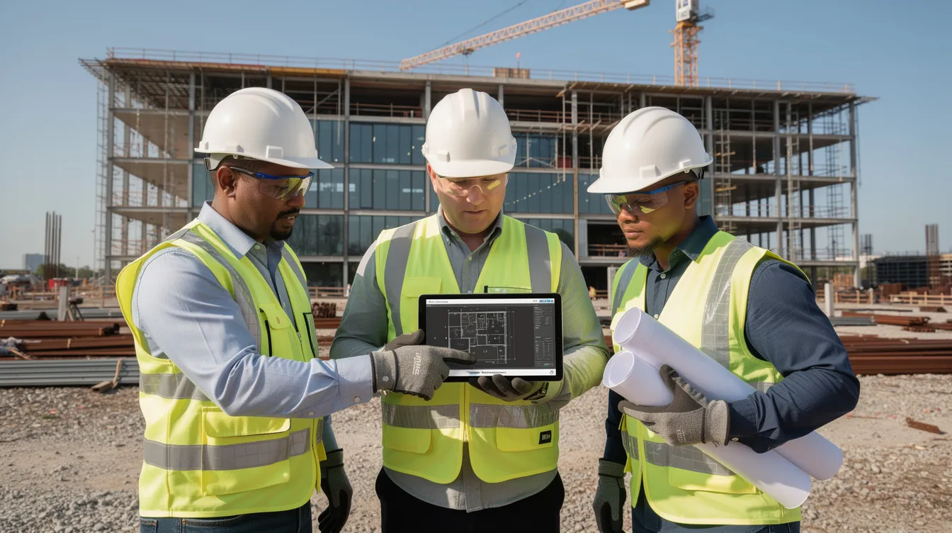 A group of construction workers at a job site are gathered around a tablet device, reviewing project plans and schedules to ensure accurate project management and track project progress. The scene highlights the use of digital construction tools to improve efficiency and communication among the construction team.