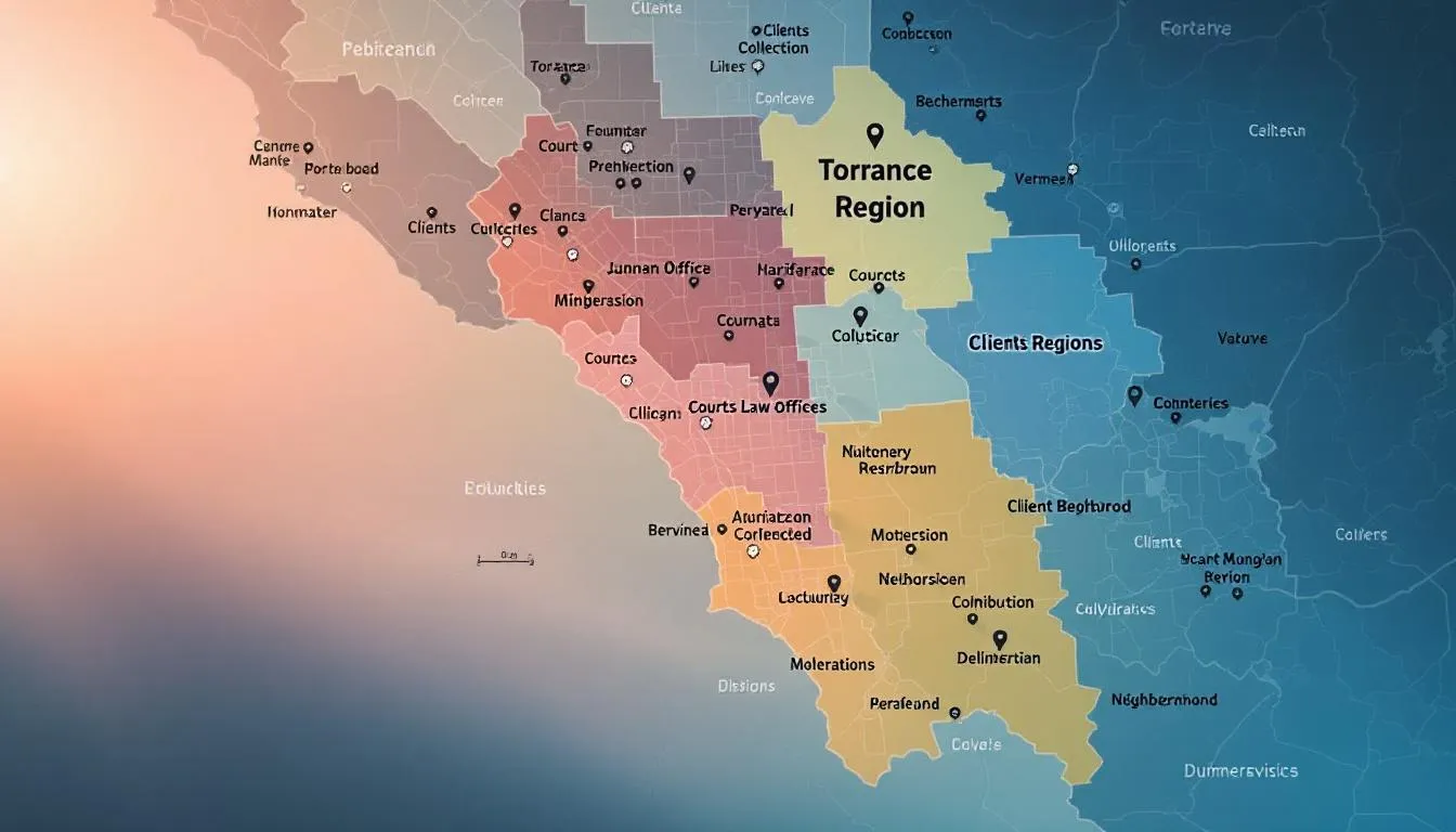 A map of Torrance and surrounding areas highlighting the service regions of personal injury lawyers.