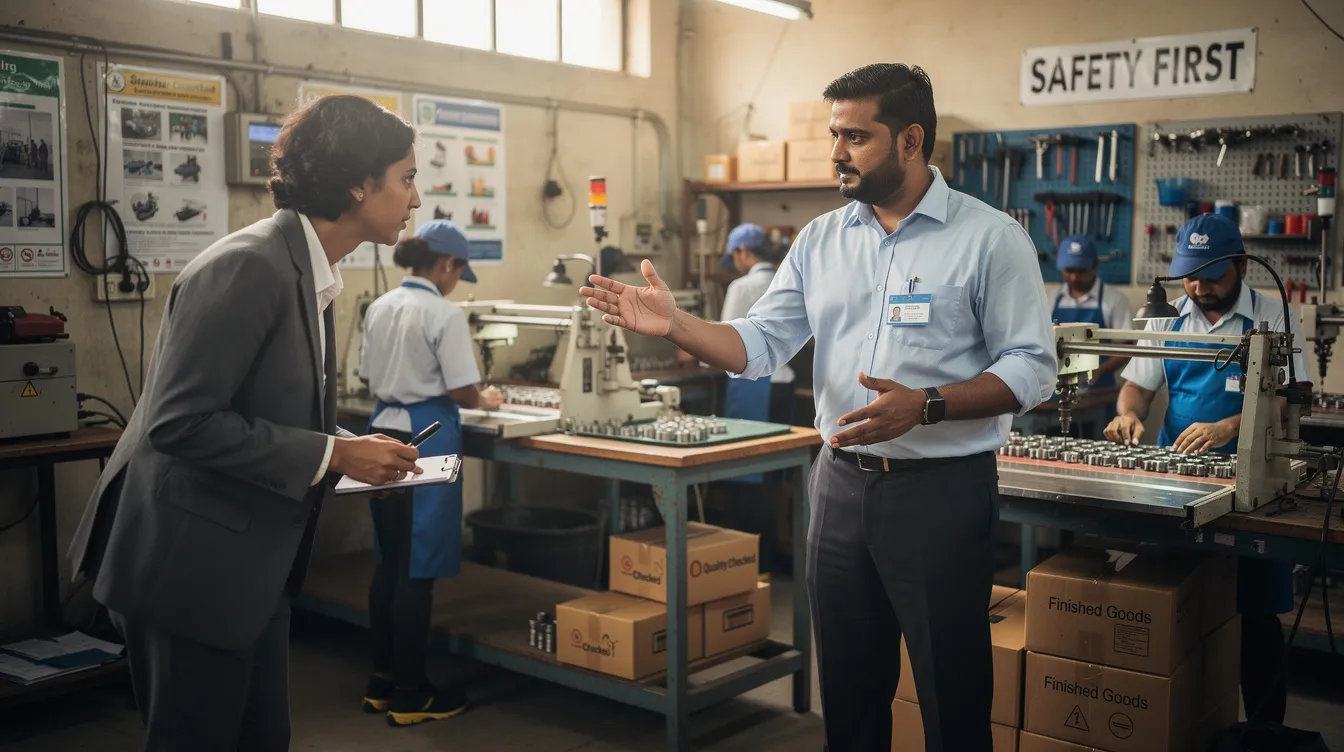 95bbf85b a05e 482a 9a50 d1c8b0d71741 An Indian entrepreneur is confidently explaining the operations of a small manufacturing unit to a visitor, highlighting the importance of financial assistance for micro enterprises under the Mudra scheme. The entrepreneur discusses their satisfactory credit track record and how they have successfully repaid previous loans, showcasing their journey as a beneficiary micro unit.