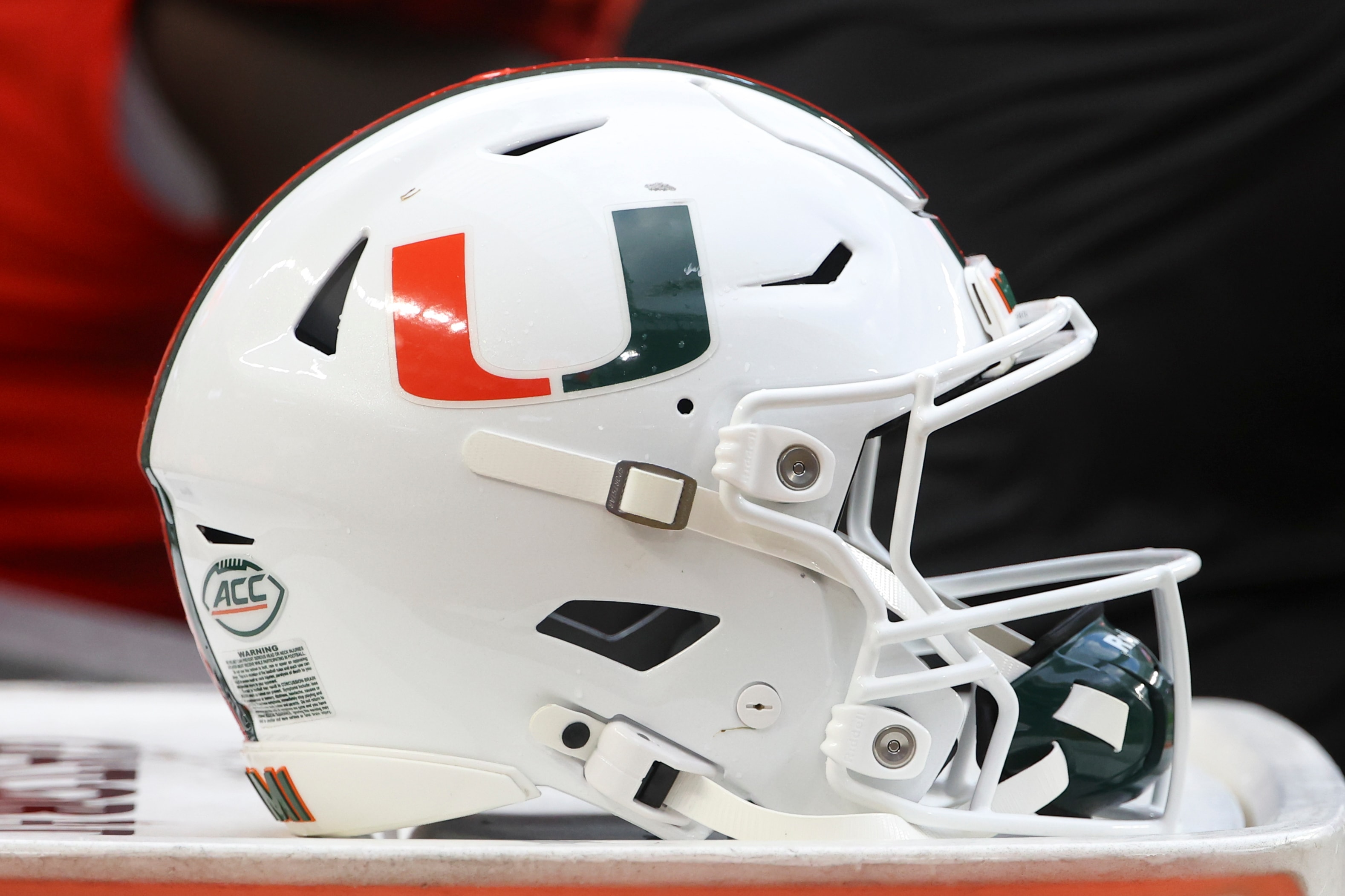 A Miami Hurricanes helmet rests near the sidelines during the game on Saturday, September 14, 2024 at Hard Rock Stadium in Miami Gardens, FL.