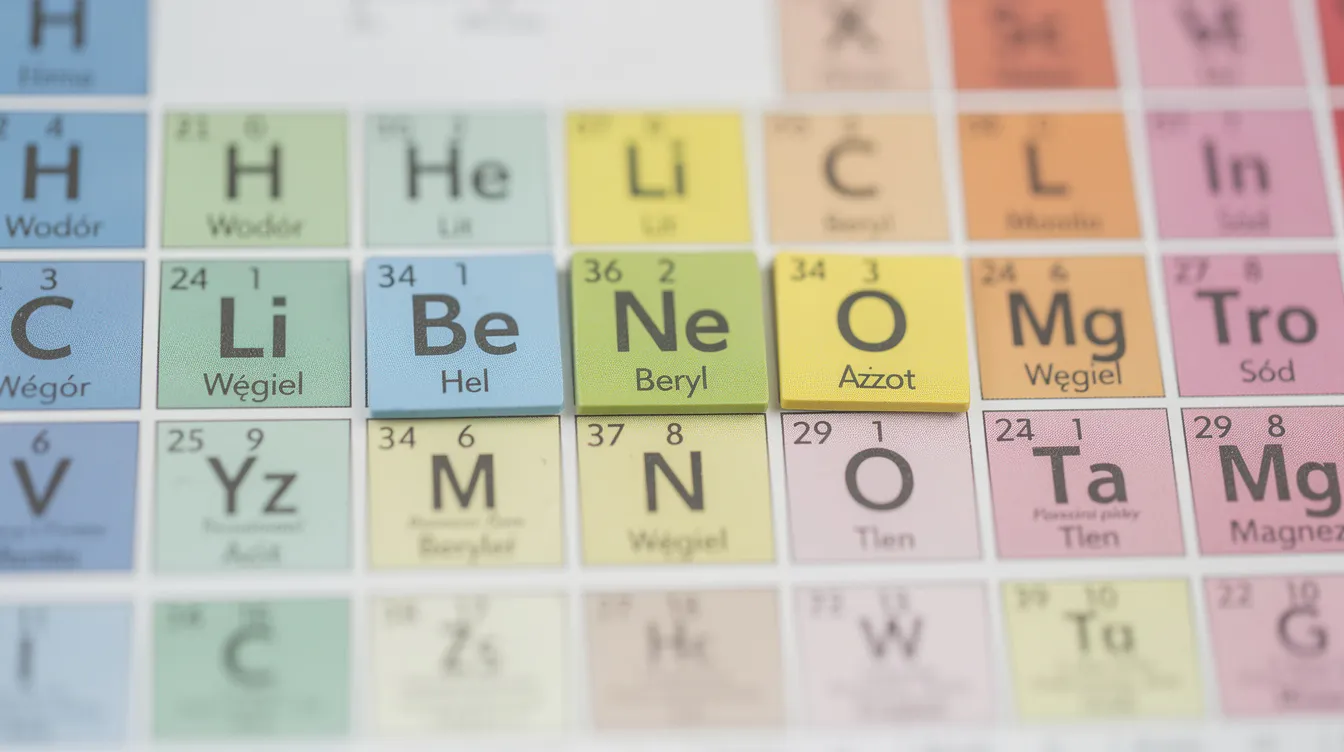 Zbliżenie na układ okresowy pierwiastk&oacute;w chemicznych, w kt&oacute;rym kolorowe pola reprezentują r&oacute;żne grupy atom&oacute;w, takich jak wod&oacute;r i inne pierwiastki. Obrazek ilustruje r&oacute;żnorodność atom&oacute;w i cząsteczek, co jest istotne w kontekście chemii klasa 7 oraz zrozumienia reakcji chemicznych.