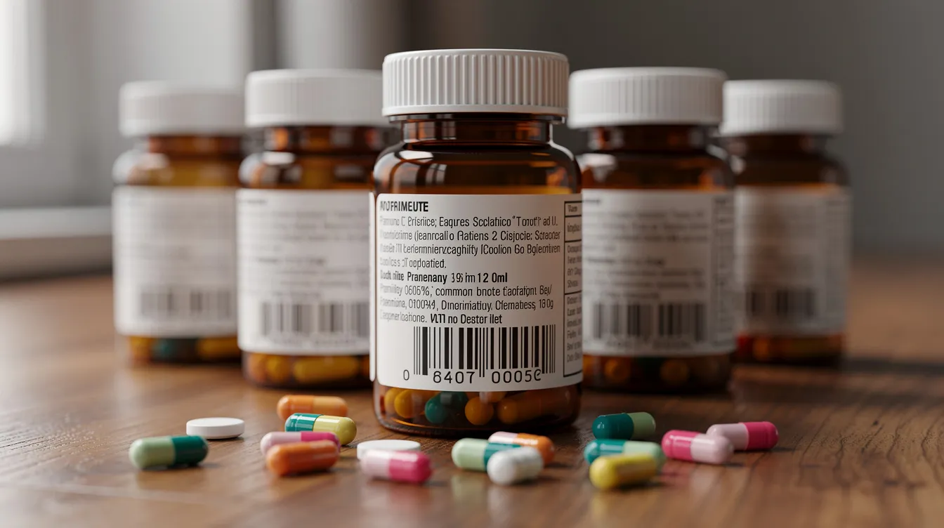 The image shows several prescription medication bottles and colorful capsules neatly arranged on a wooden table, symbolizing various treatments for chronic conditions. This setting evokes thoughts about the growing popularity of CBD products and their potential health benefits, including the management of anxiety and chronic pain.