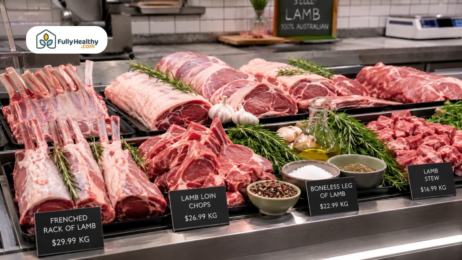 Fresh lamb cuts displayed with rosemary, garlic, olive oil, and price labels