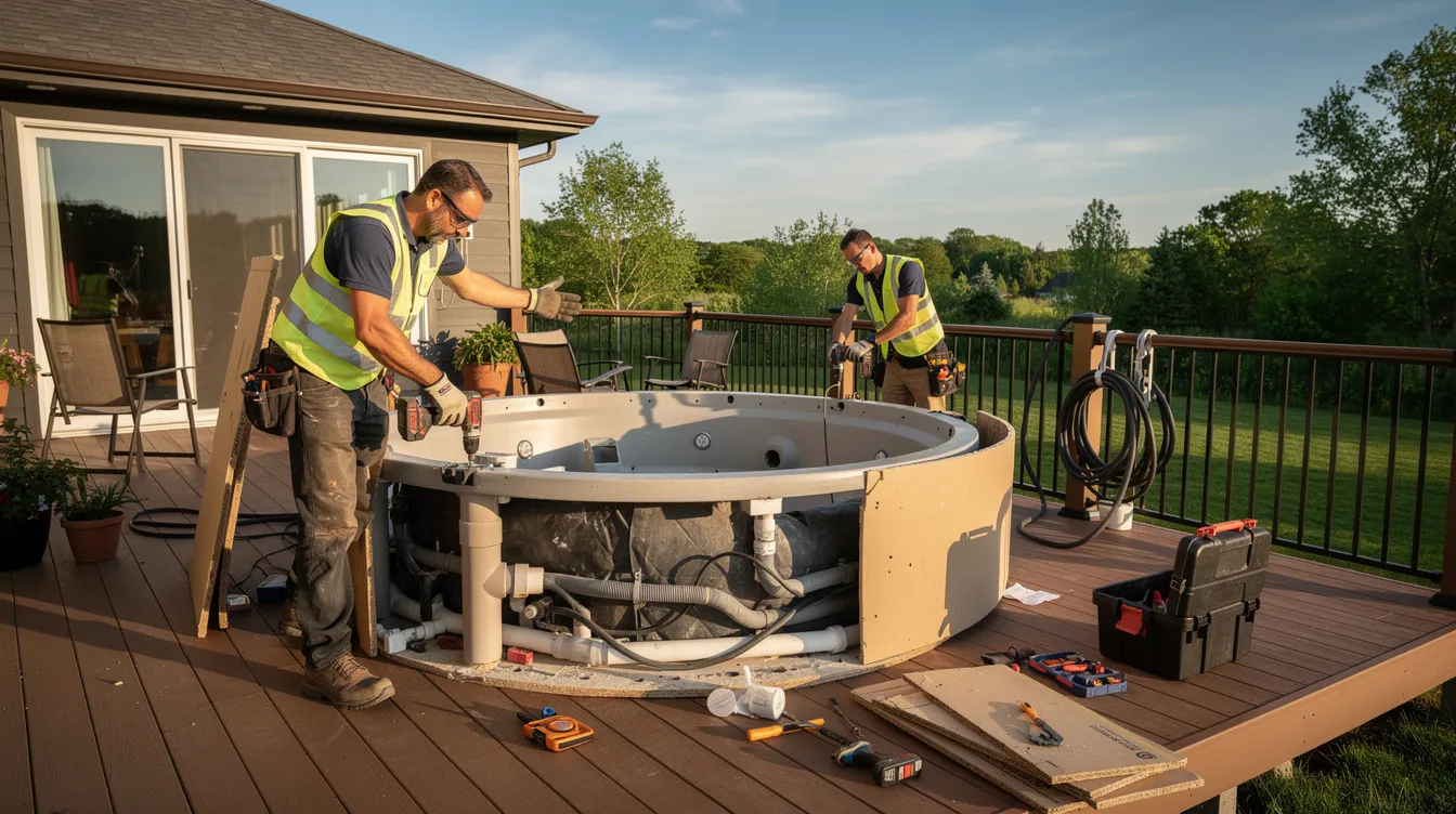 A professional team is seen dismantling a hot tub on an outdoor deck, surrounded by construction debris and tools. This scene emphasizes the importance of proper disposal and efficient junk removal services for a stress-free post construction cleanup.