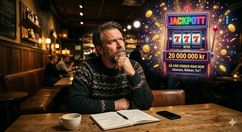 Man funderar på jackpot slots på casino medan en slot visar stor progressiv jackpott på 20 miljoner kronor, vilket illustrerar chansen att vinna jackpotten och drömmen om stora pengar online.