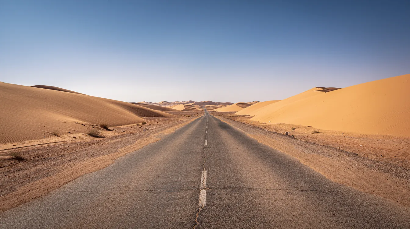 Un'ampia strada nel deserto marocchino è circondata da dune di sabbia dorata, mentre un cielo limpido si estende sopra il paesaggio. Questa scena evoca l'idea di libertà e avventura, ideale per chi desidera noleggiare un'auto e esplorare il Marocco.
