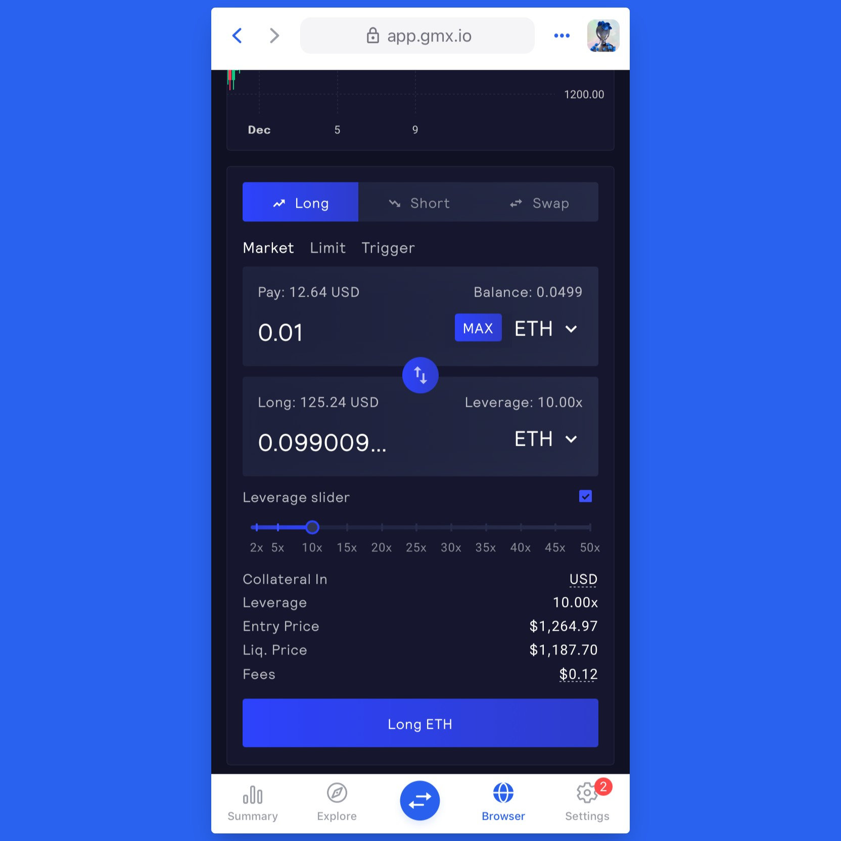 Trading on GMX on mobile with Zerion Wallet's dapp browser
