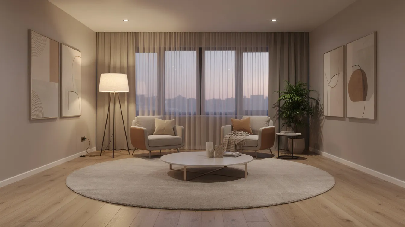 Een moderne woonkamer zonder bank, met twee comfortabele losse fauteuils die rond een groot vloerkleed zijn geplaatst. De ruimte is sfeervol verlicht en biedt verschillende zitplekken, waardoor het een gezellige hoek is voor ontspanning of tv kijken.
