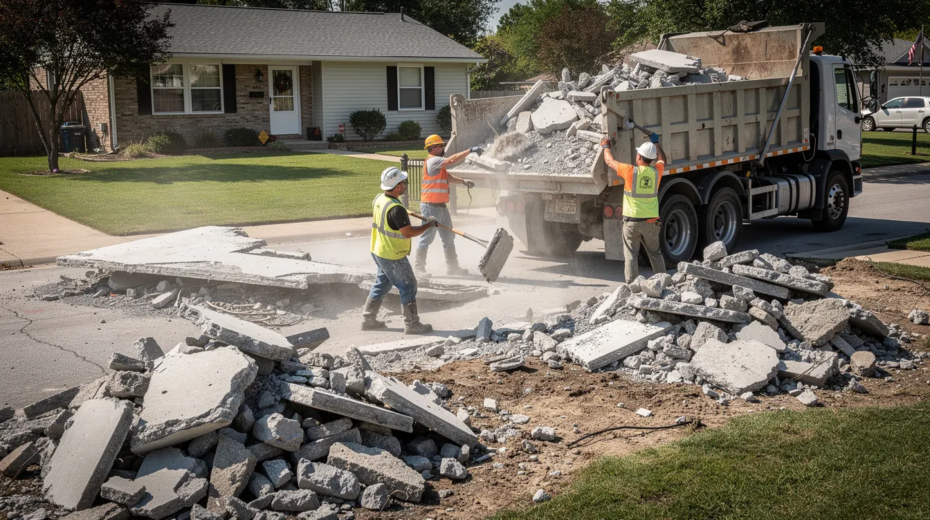 A team of workers is efficiently loading broken concrete pieces into the bed of a truck at a residential job site, part of a professional concrete removal project. The scene highlights the careful handling of debris while ensuring safety for site visitors and surrounding structures.