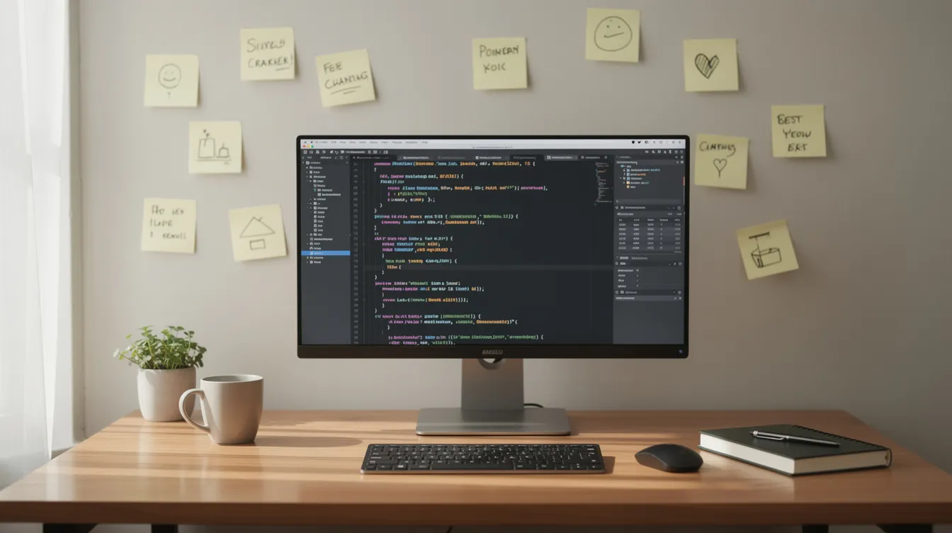 The image depicts a workspace desk featuring a monitor displaying colorful lines of code, indicative of software development, alongside sticky notes on the wall that suggest a dynamic development environment. This setup reflects a space where multiple developers might collaborate in real-time, utilizing AI tools for coding and generating web apps.