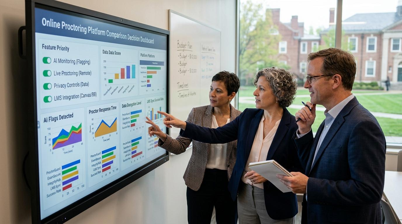 University administrators comparing online proctoring platforms on a decision dashboard with AI monitoring, live proctoring, privacy controls, and LMS integration.
