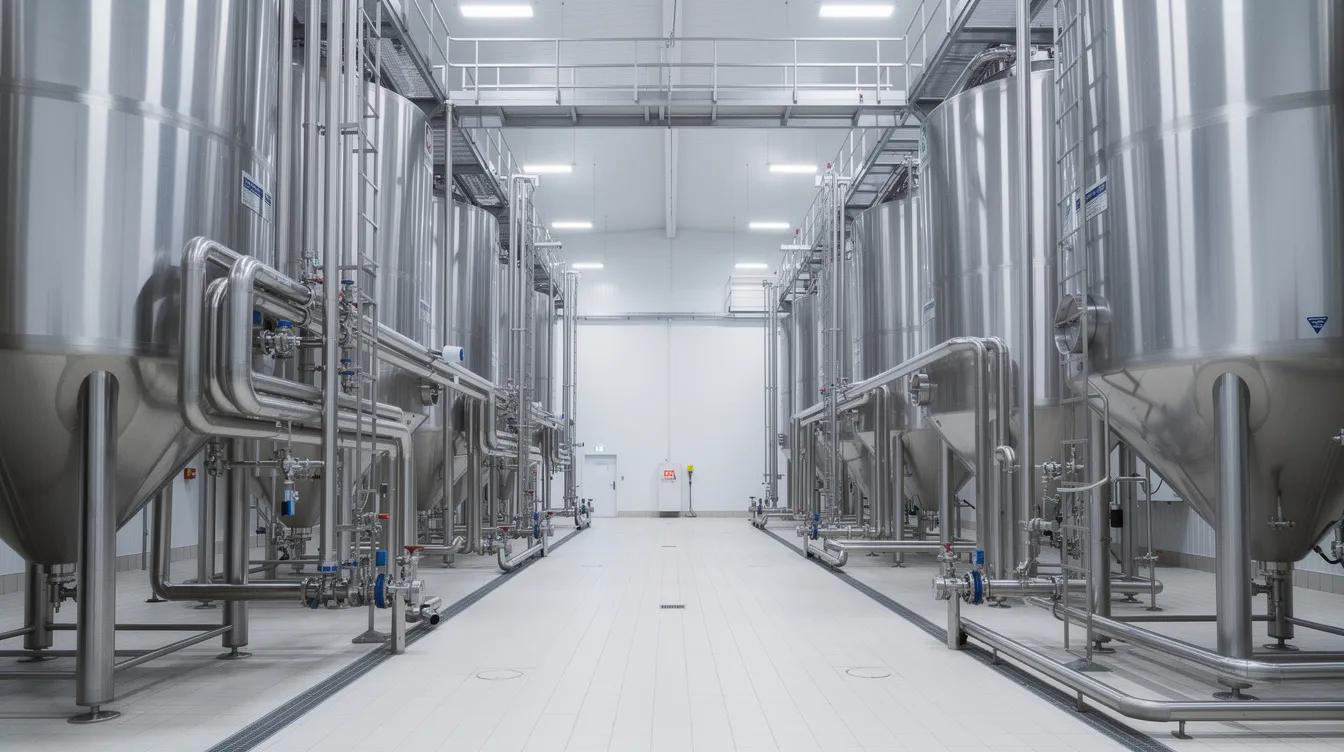 The image depicts a modern dairy processing plant featuring stainless steel milk storage silos and interconnected pipelines. This advanced facility is designed for efficient milk processing, ensuring the quality and safety of dairy products such as pasteurized milk and flavored milk.
