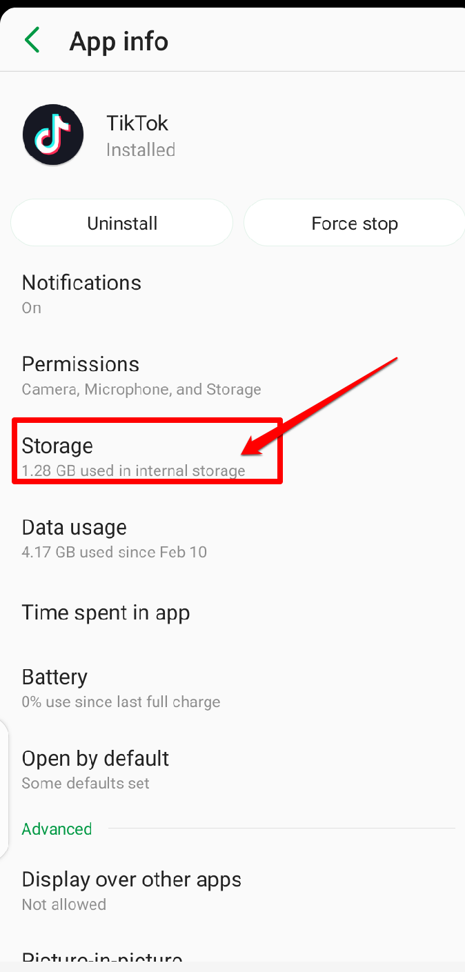 Picture showing the storage tab on an android phone