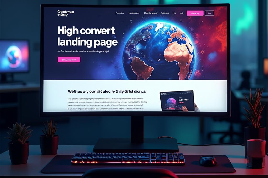A modern computer setup displaying a high-converting landing page design with a futuristic theme, vibrant colors, and engaging UI elements, emphasizing professional business web page design