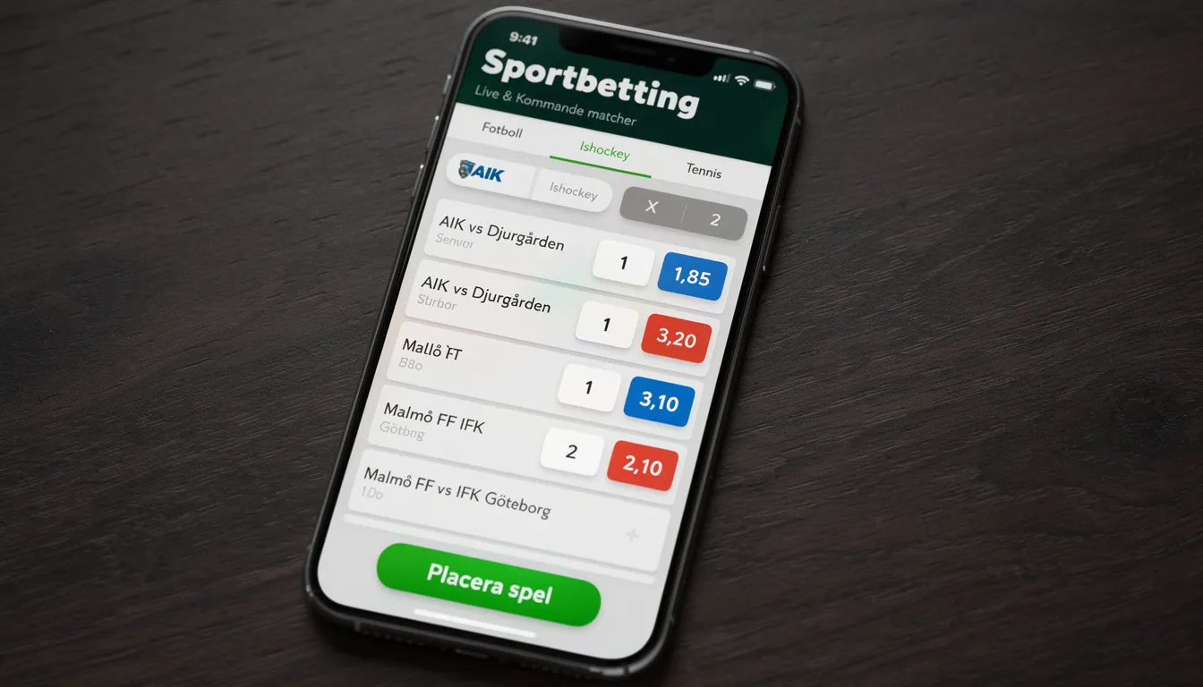 En smartphone visar ett sportbetting-gränssnitt med olika odds och matcher, inklusive Premier League-fotboll och tennis, vilket ger spelare möjlighet att spela hos 10bet. Gränssnittet erbjuder också information om insättningar och bonusar för nya användare.