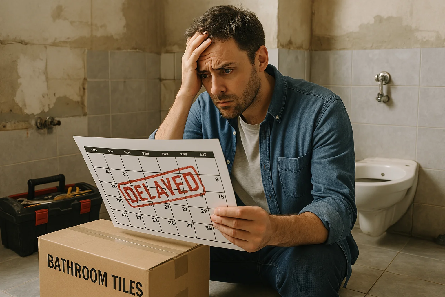 Homeowner looking frustrated at a calendar and delayed delivery boxes in a half-finished bathroom.