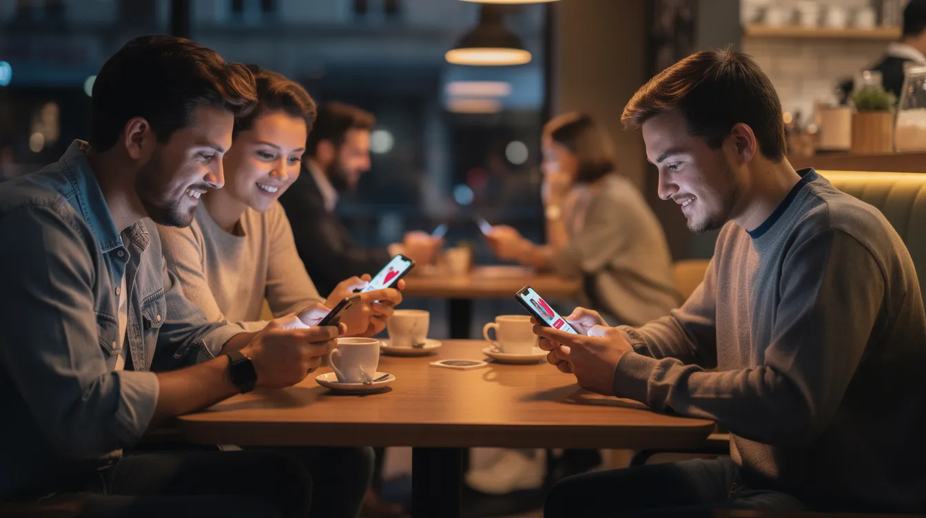 The image showcases a diverse group of real people engaging with dating apps, emphasizing the genuine connections formed through online dating platforms. Various users are depicted in social settings, like a coffee shop, highlighting their dating profiles and interactions aimed at finding meaningful relationships or casual flings.