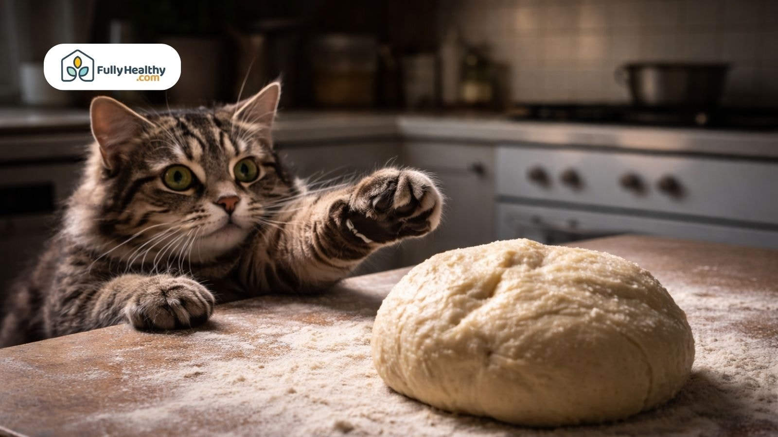 Cat reaching for raw bread dough on floured kitchen surface