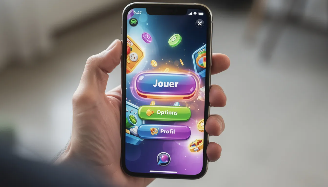 Une main tient un smartphone affichant une interface de jeu moderne et colorée, mettant en avant des jeux de hasard typiques des casinos en ligne internationaux. Cette image illustre l'expérience utilisateur dynamique et immersive que les joueurs peuvent attendre des plateformes de jeux en ligne.