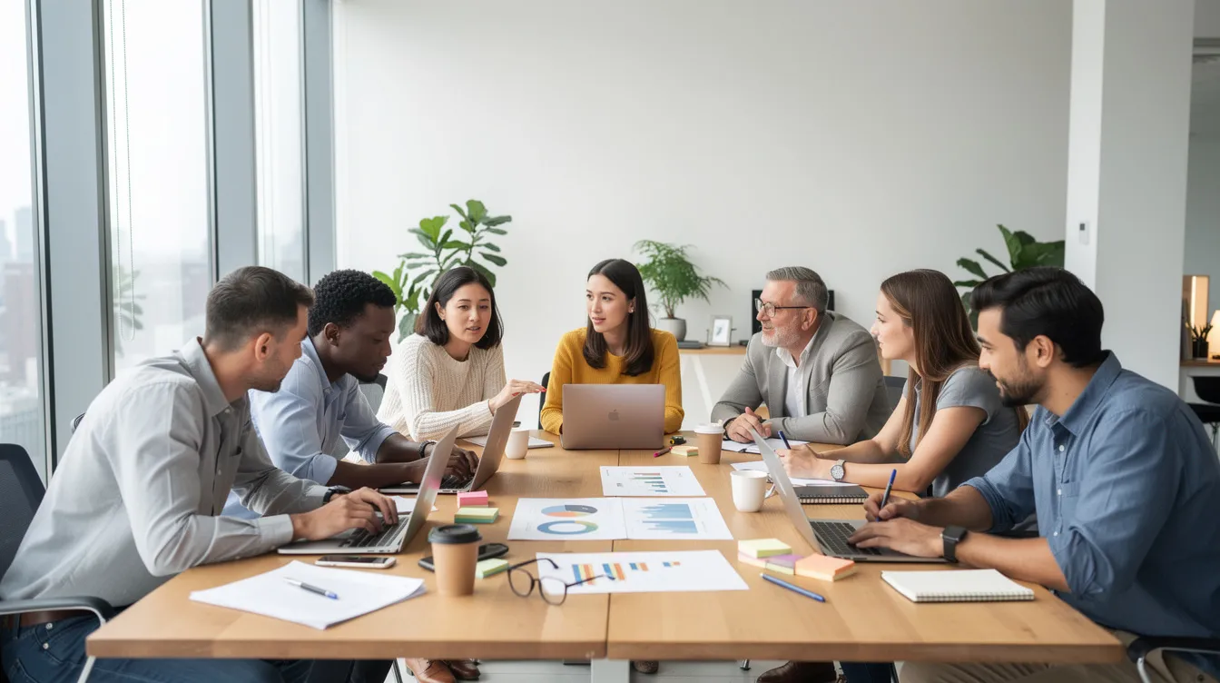Une équipe diversifiée collabore autour d'une grande table dans un espace de travail moderne et lumineux, illustrant l'importance de la culture d'entreprise et du partage des idées au sein d'une organisation. Cet environnement favorise l'engagement et l'innovation, essentiels pour atteindre les objectifs communs.