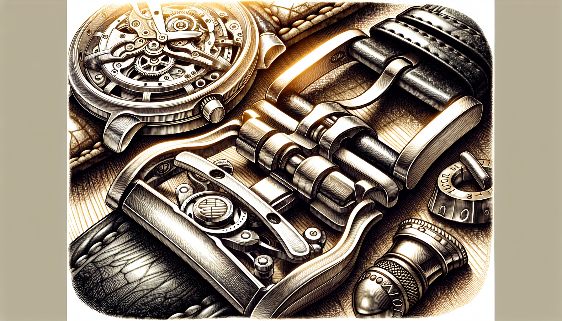 Illustration of stylish buckles and clasps for leather watch bands