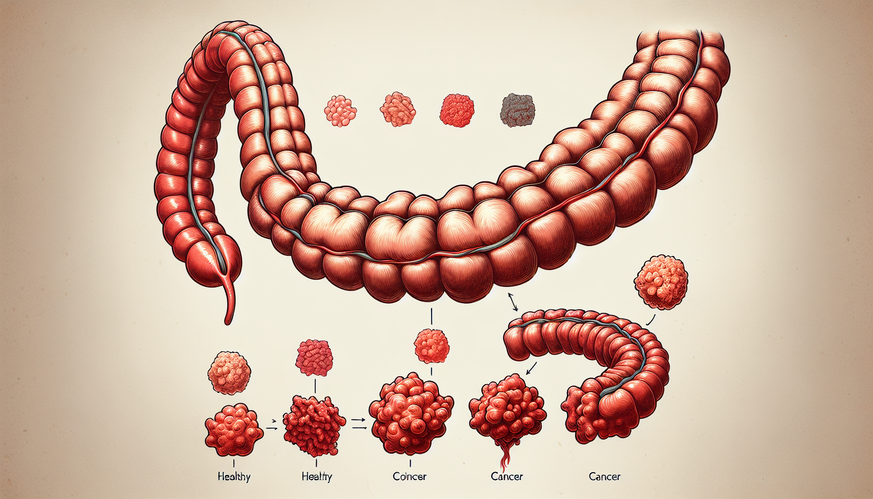 Illustration of the progression of colon cancer from polyp formation to cancerous cells