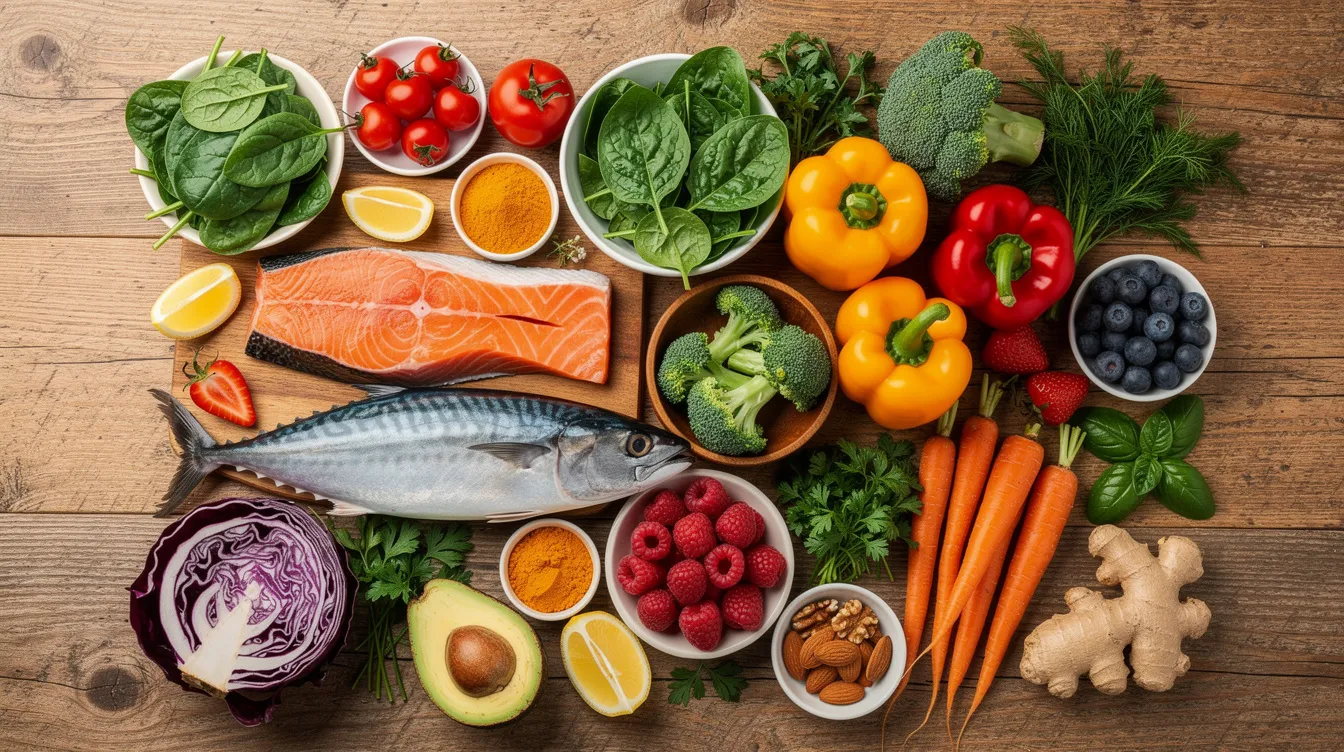 L'image montre une table en bois ornée de divers aliments anti-inflammatoires colorés, comprenant des légumes frais et des poissons, qui peuvent contribuer à améliorer la qualité de vie des femmes atteintes d'adénomyose. Ces aliments sont disposés de manière attrayante, soulignant leur rôle potentiel dans la gestion des symptômes liés à cette pathologie.