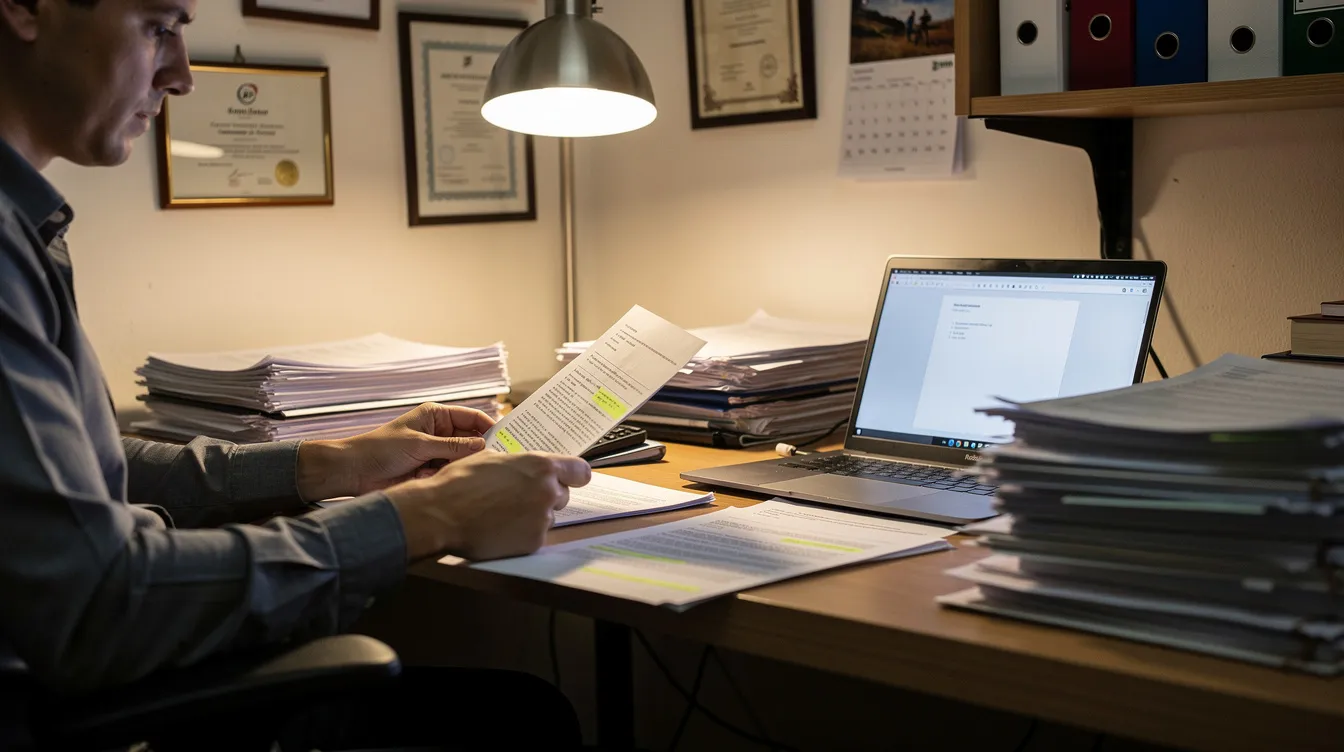 The image shows a person seated at a desk in a small office, reviewing paper documents alongside a laptop. This scene highlights the importance of thorough documentation and communication in addressing grievances, such as those related to banking services and complaints lodged with the banking ombudsman in India.