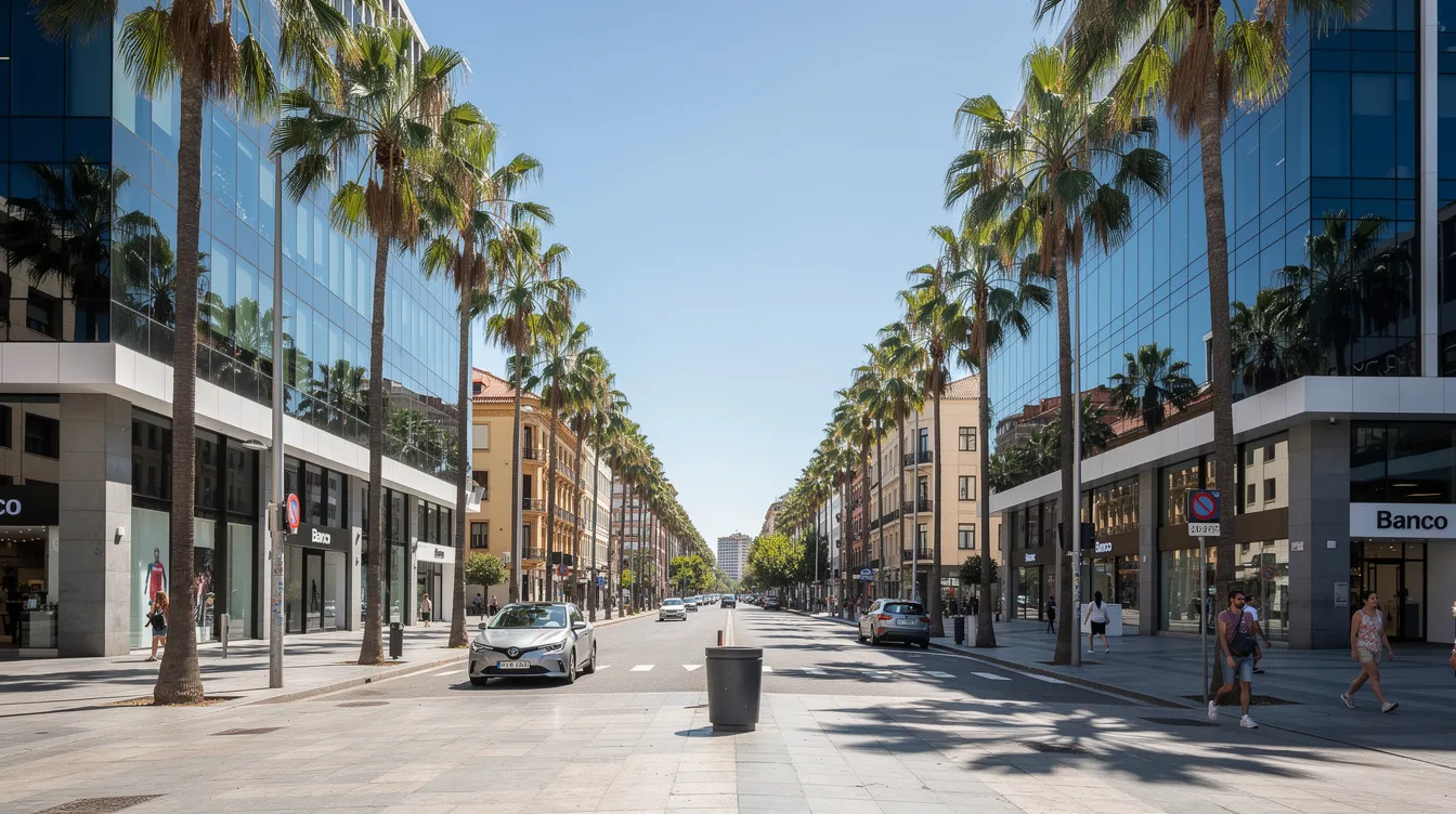 The image depicts a modern Spanish city street featuring sleek glass-fronted bank buildings and palm trees lining a spacious boulevard, representing the vibrant atmosphere of urban life in Spain. This scene reflects the presence of major Spanish banks, highlighting options for opening a bank account in Spain, including online banking and various banking services.