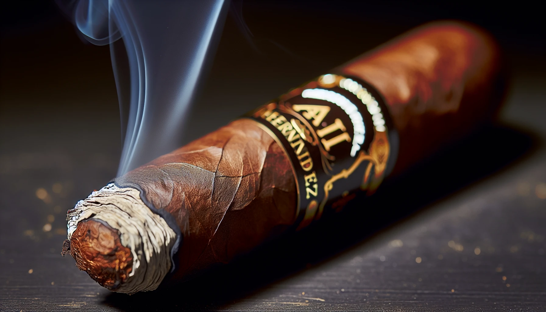 A close-up of an AJ Fernandez Días de Gloria Robusto cigar with a perfect burn line