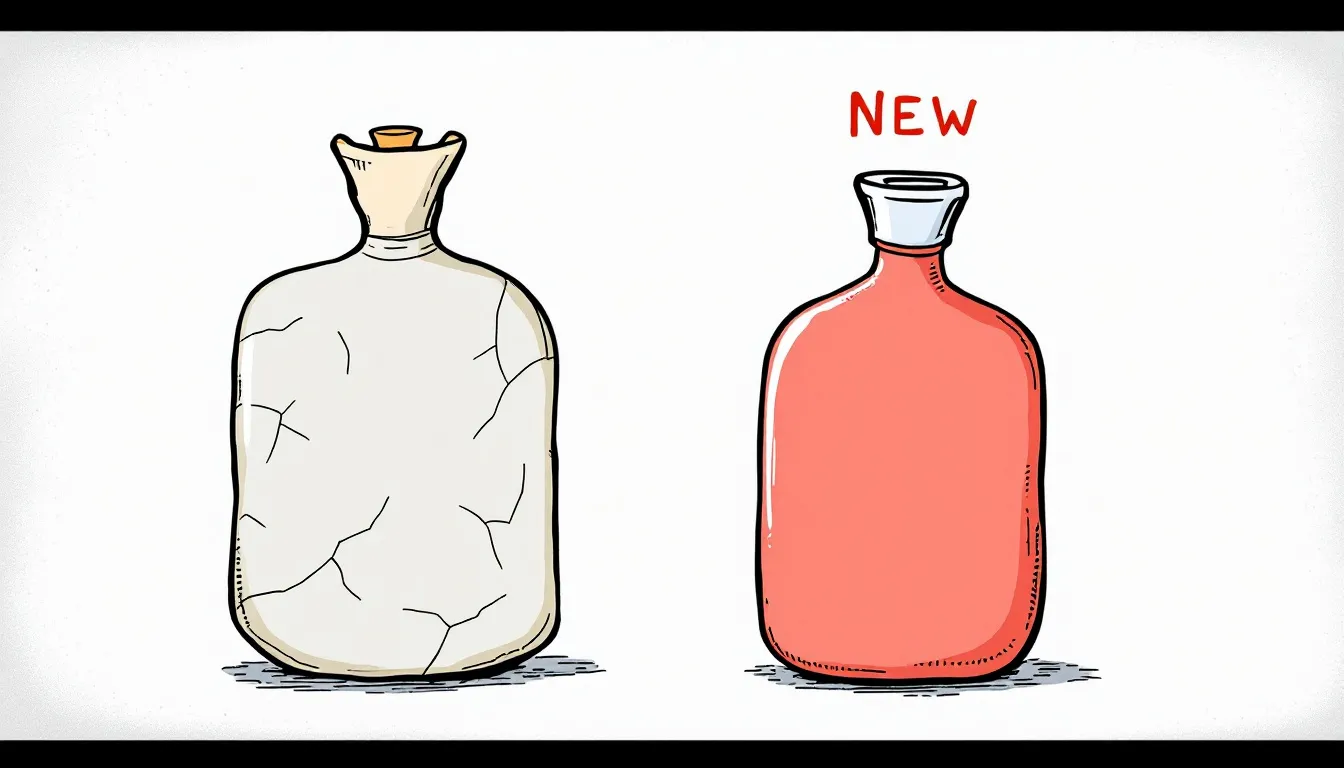 An old and a new hot water bottle side by side, indicating when to replace your hot water bottle.