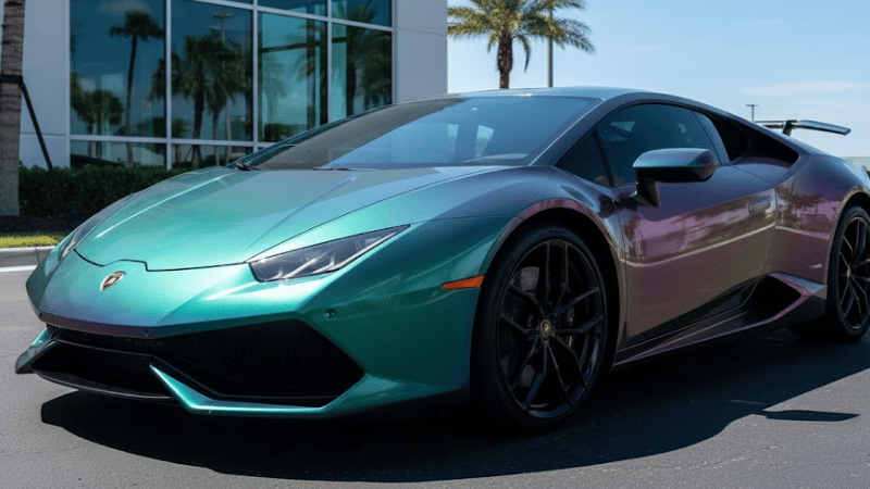 Iridescent car wrap in the sun 