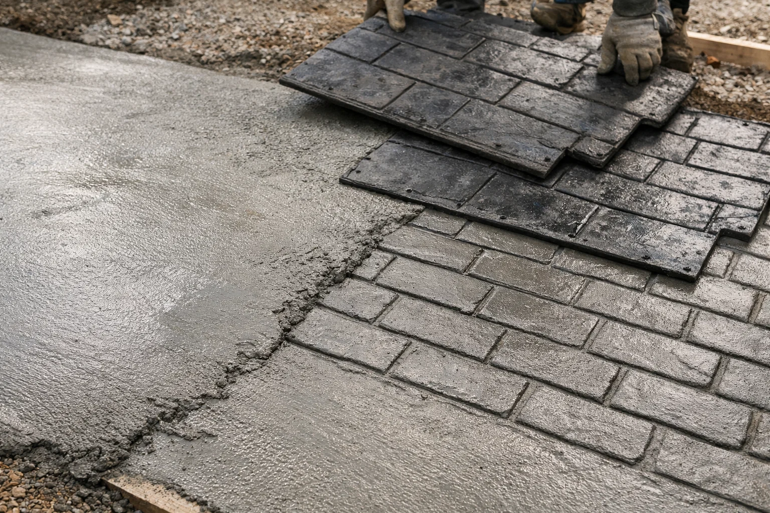 Close-up of pattern imprinted concrete being stamped to create brick-effect texture.