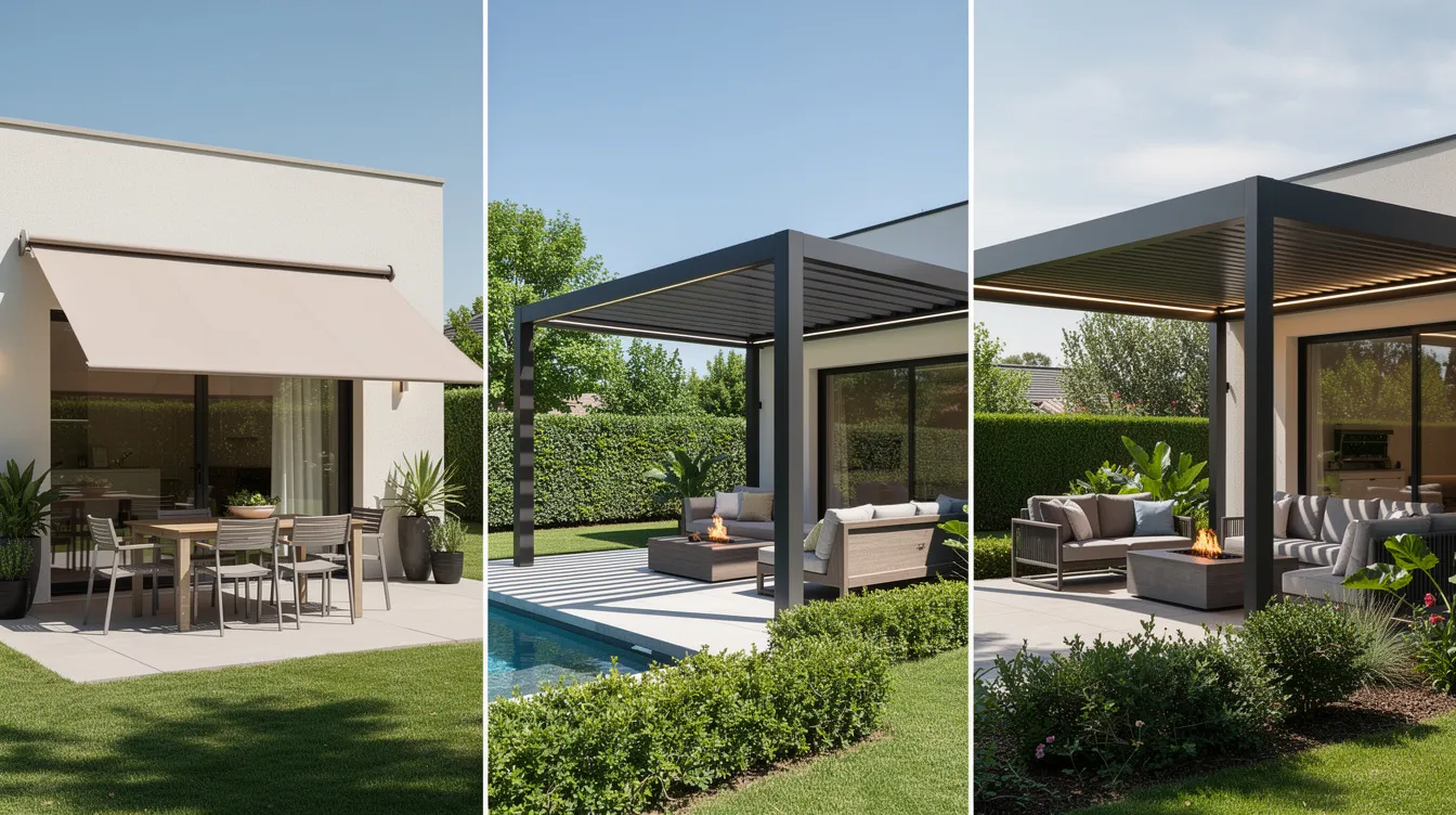 The image showcases a wide-angle comparison of three distinct residential backyards: one features a wall-mounted fabric awning providing shade, another displays a free-standing aluminum canopy over a cabana, and the last showcases a modern smart louvered pergola with automated roof slats, highlighting various outdoor shading solutions. Each backyard demonstrates different awning styles and materials, illustrating options for enhancing outdoor spaces while blocking direct sunlight and protecting against weather elements.