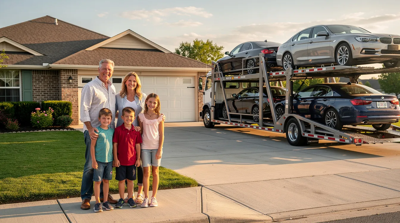 A family stands together near a driveway, smiling as they prepare for the car shipping process, with a car transport truck parked in the background. This scene highlights the convenience of door-to-door service for students attending college, ensuring their vehicles arrive safely at their new campus.