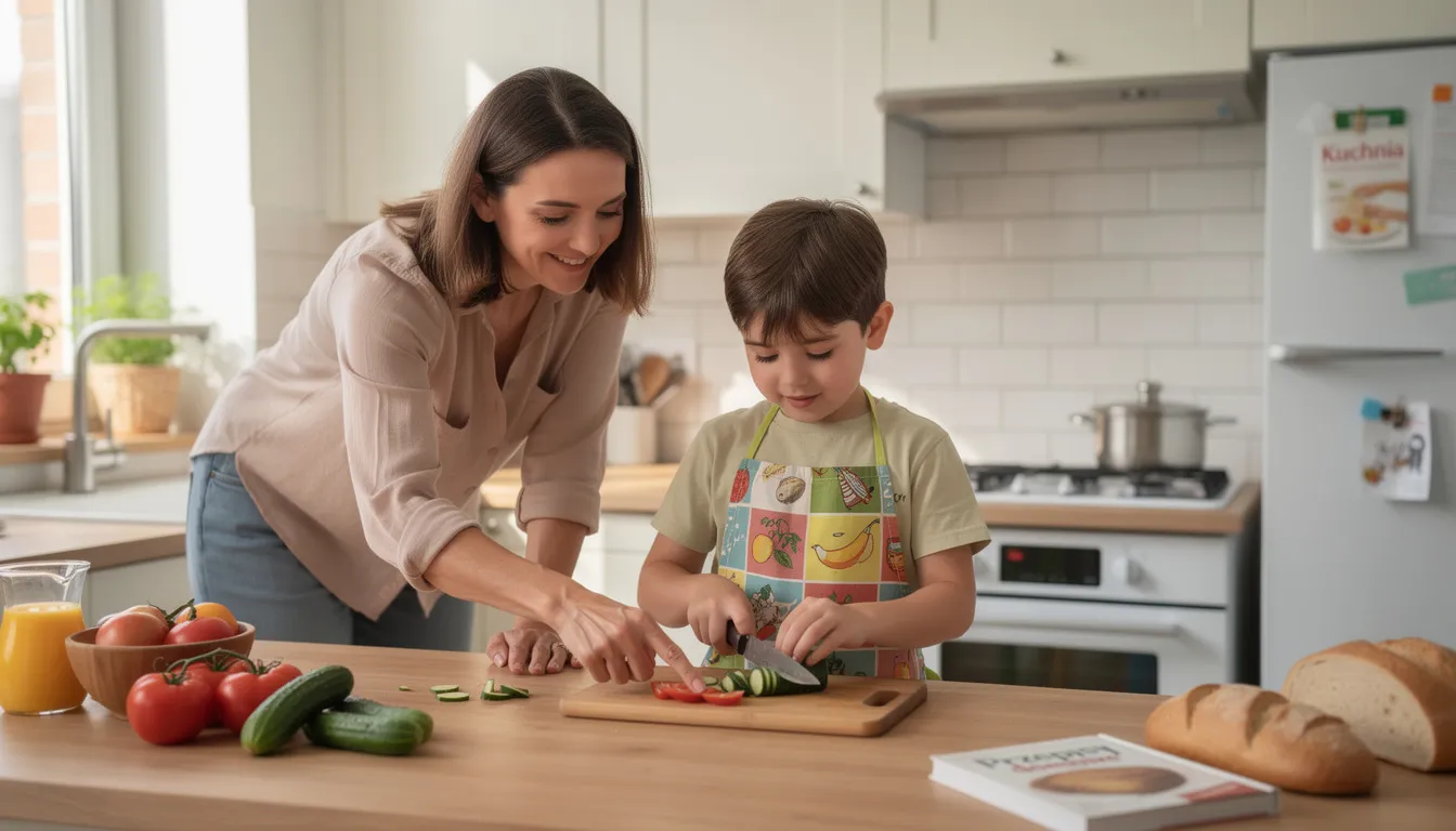 Na zdjęciu widoczna jest młoda osoba ucząca się prostych czynności kuchennych, pod czujnym okiem opiekuna, który wspiera ją w procesie edukacji. Scena ilustruje działania podejmowane w ramach zajęć rewalidacyjnych, mające na celu rozwijanie umiejętności życiowych osób z niepełnosprawnością intelektualną.