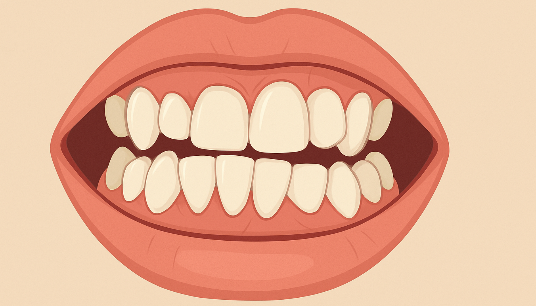 Skjeve tenner: Når estetikk og tannhelse henger sammen 10 Illustrasjon av skjeve tenner i åpen munn som viser hvordan tannstilling påvirker estetikk og tannhelse.