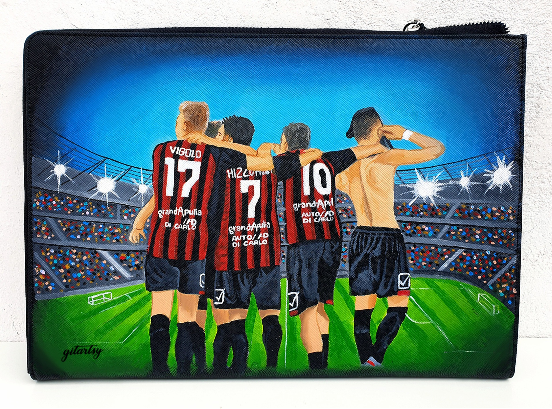Hand painted men's pouch bag - Italian football team and stadium 