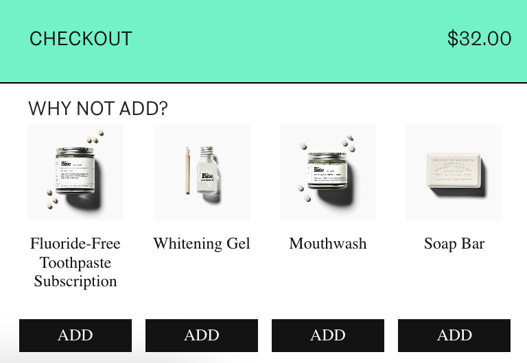 A screenshot of Bite’s cart displaying cross-sell options.