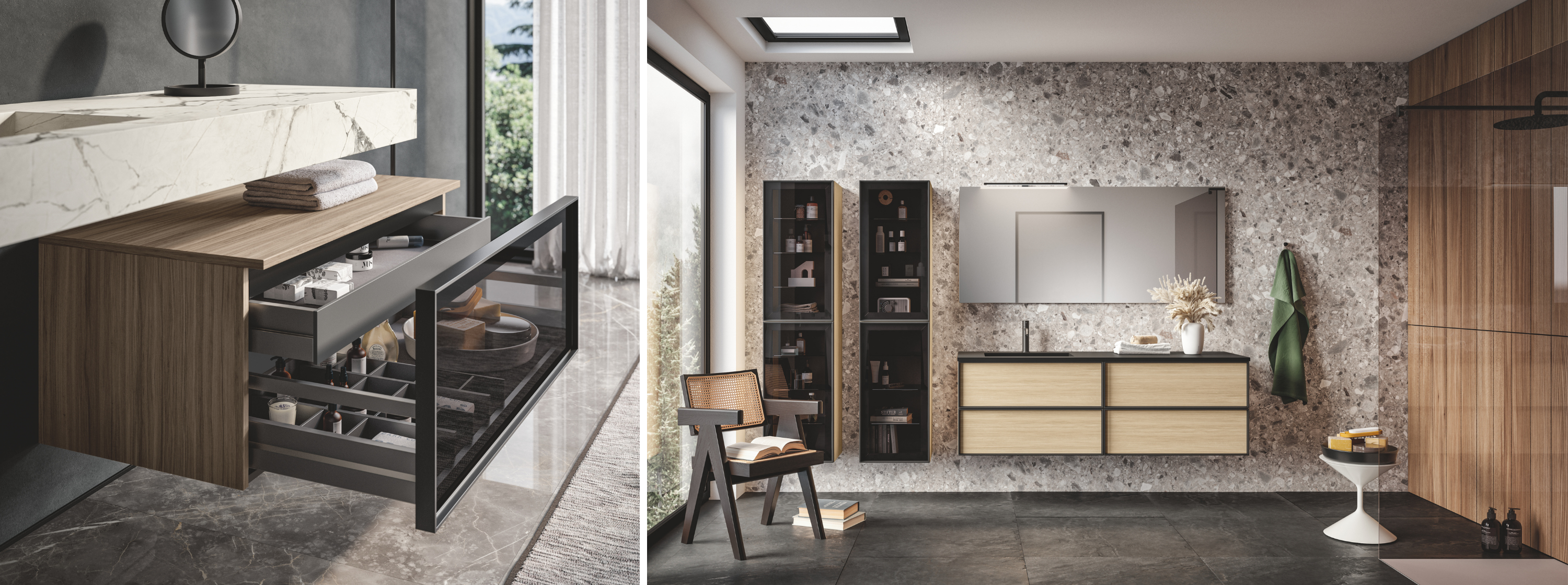 Class vanity and storage features with smoky Fumo glass fronts