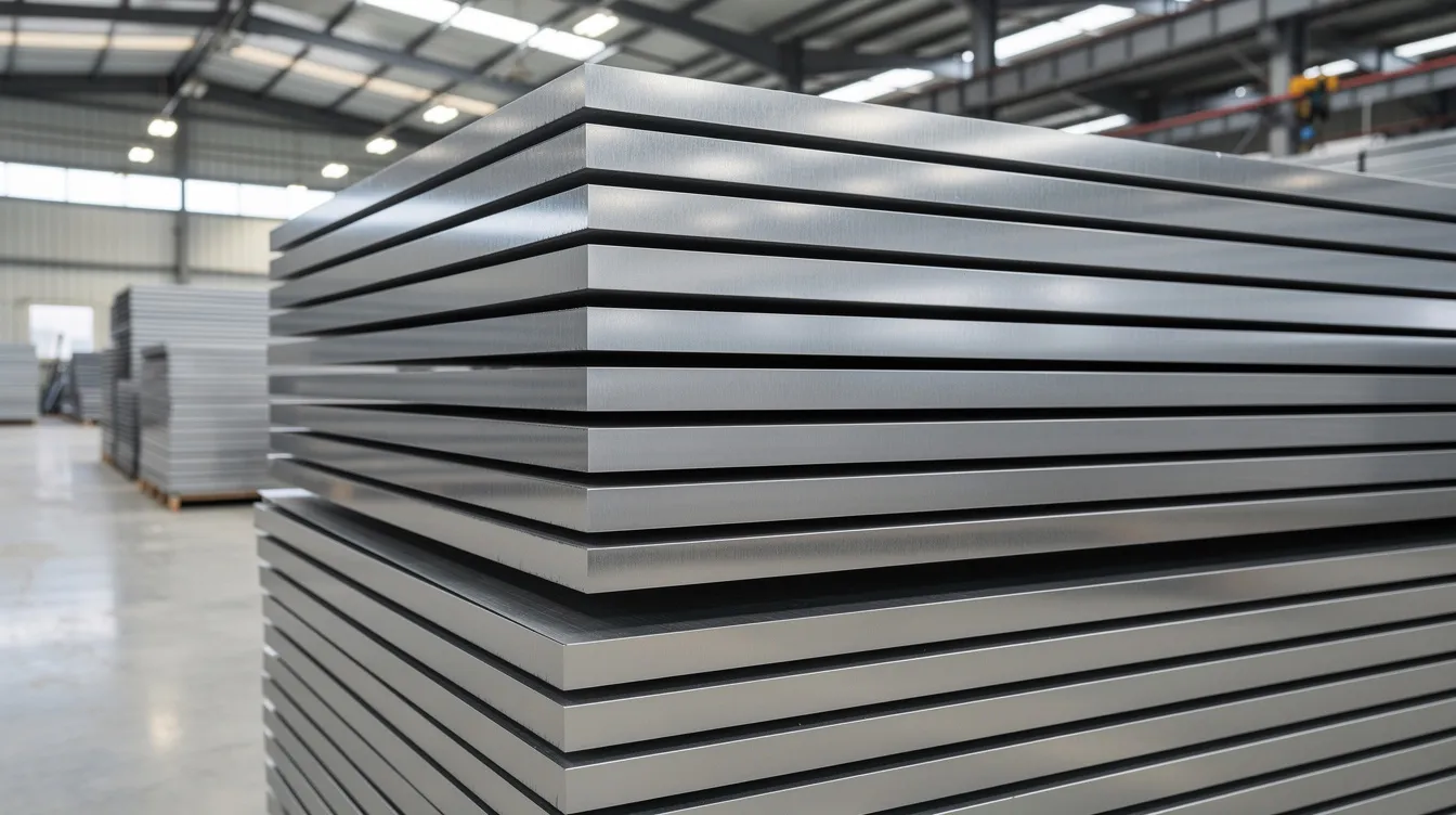 A stack of smooth polished steel sheets is neatly arranged in a warehouse, showcasing their even edges and uniform surfaces, indicative of high-quality cold rolled steel. These sheets are suitable for various applications due to their precise dimensions and superior surface finish compared to hot rolled materials.