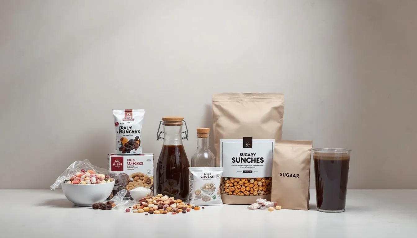 A collection of processed foods and sugary snacks to avoid on the meat and fruit diet.