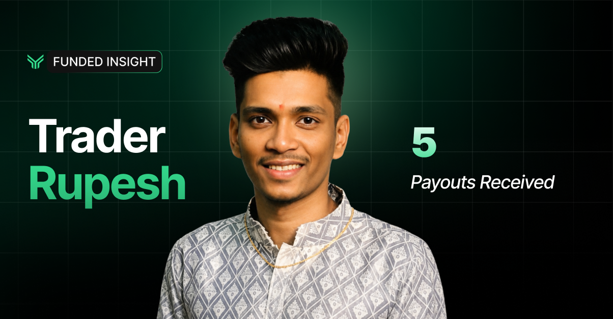 Funded Insight trader spotlight graphic on a dark green background with a subtle grid pattern. The Funded Insight logo badge appears in the top left corner. A cutout portrait of a smiling young man with voluminous styled dark hair, wearing a patterned light kurta with a gold chain, is centered in the layout. On the left, bold text reads "Trader" in white and "Rupesh" in green. On the right, a large green "5" appears above the italic white text "Payouts Received".
