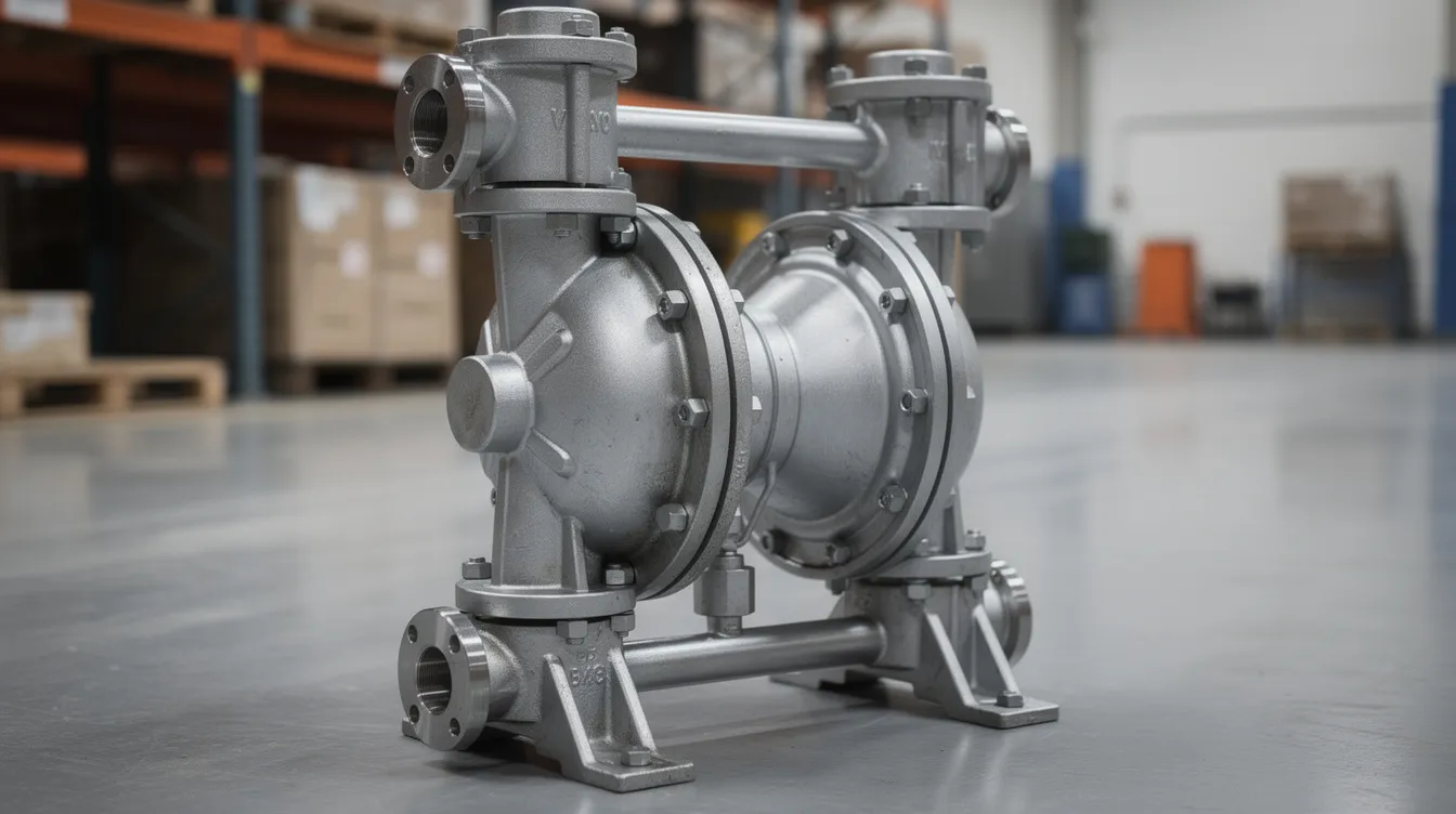 The image shows a close-up view of an industrial air-operated double diaphragm pump mounted on a concrete floor in a warehouse. Key components like the flexible diaphragms and air valves are visible, highlighting the pump's efficient fluid transfer capabilities and its application in various industrial settings.