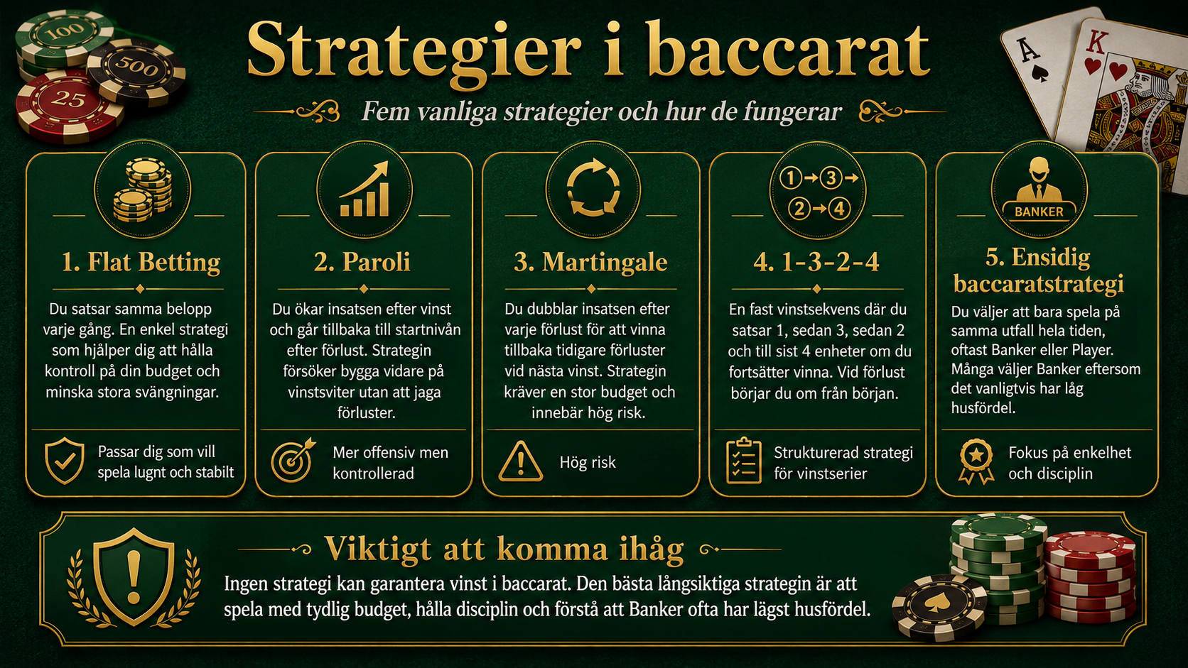 Infografik som visar fem vanliga baccarat strategier: Flat Betting, Paroli, Martingale, 1-3-2-4 och ensidig baccaratstrategi.
