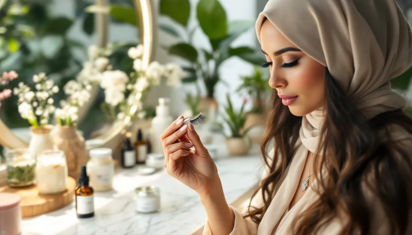 A Middle Eastern woman is applying vegan eyelash extensions while surrounded by various eco-friendly beauty products, emphasizing her commitment to cruelty free beauty and vegan makeup products. The scene highlights the use of synthetic materials for beautiful, voluminous lashes without compromising on ethics.